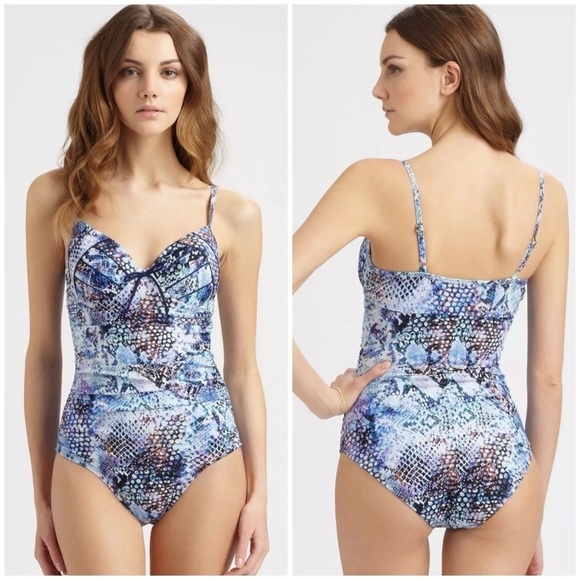 Spanx Blue Python Nile Bra-llelujah Underwire One Piece Swimsuit Blue Sz 10 D/DD - Picture 1 of 9